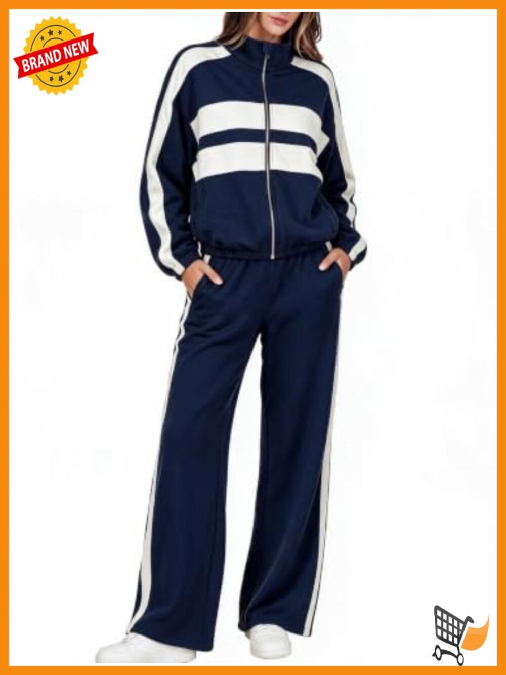 Womens 2 Piece Cotton Blend Sweat Set Zip Jacket Wide Leg Pants Lounge Set